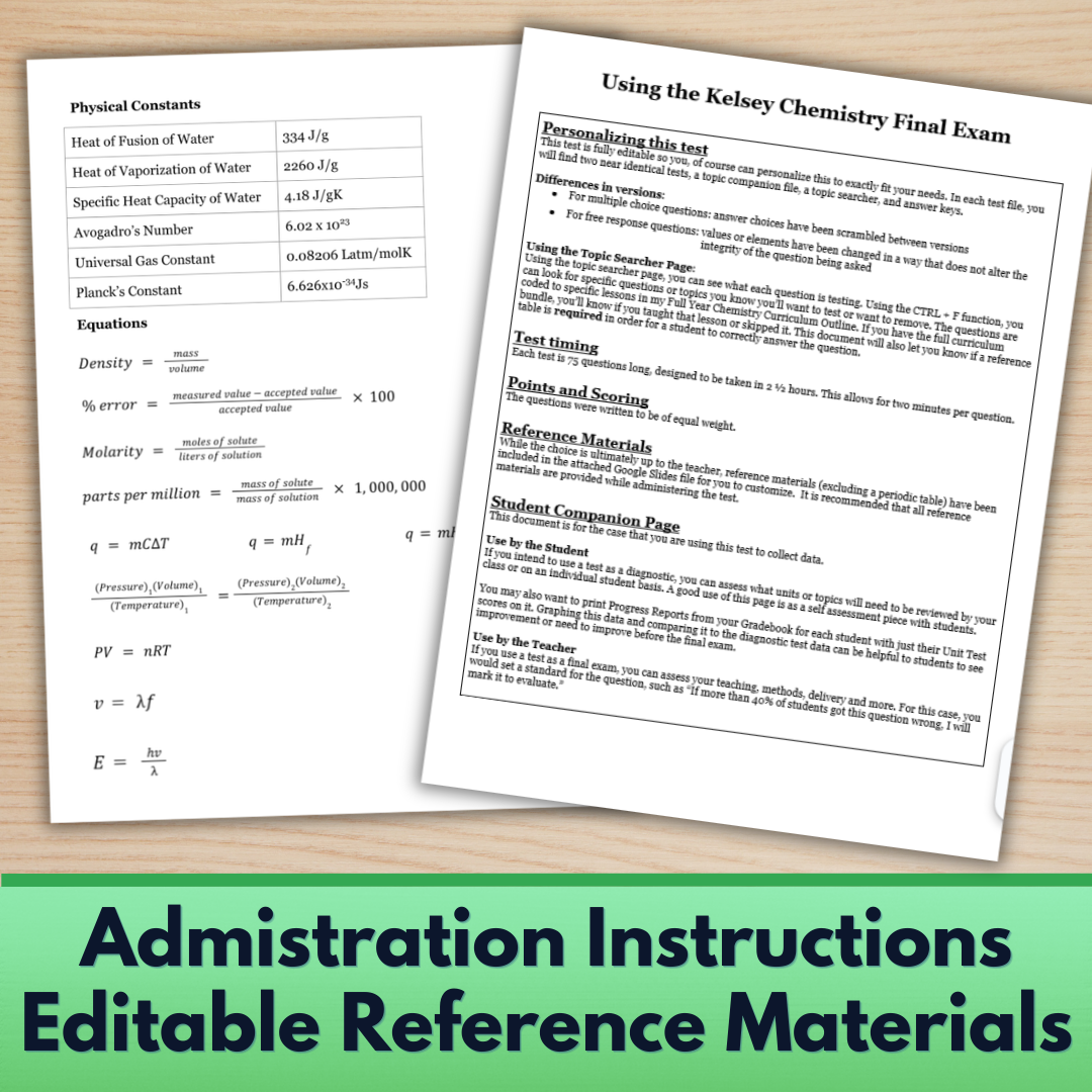 Chemistry Final Exam, Benchmark or Pretest, 8 Editable Assessment Test with Keys
