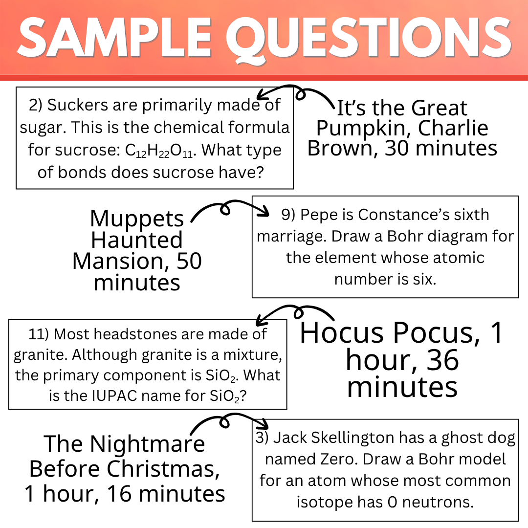 Halloween Movie Sheets for Chemistry Classes, Full Length and Short Movies