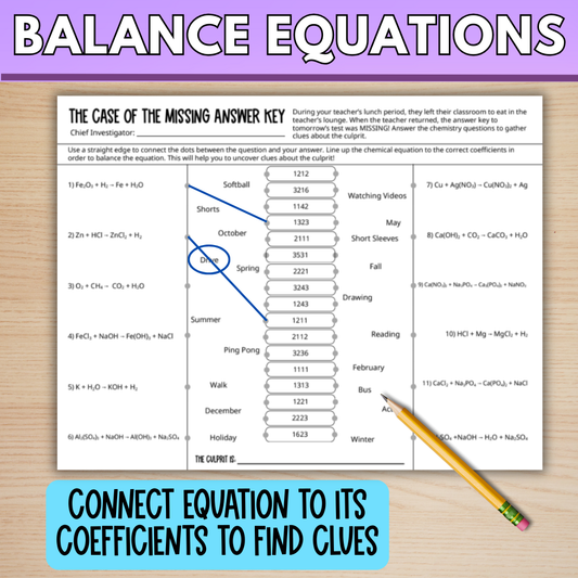 Balancing Chemical Equations Mystery Worksheet Activity for Whole Class Review