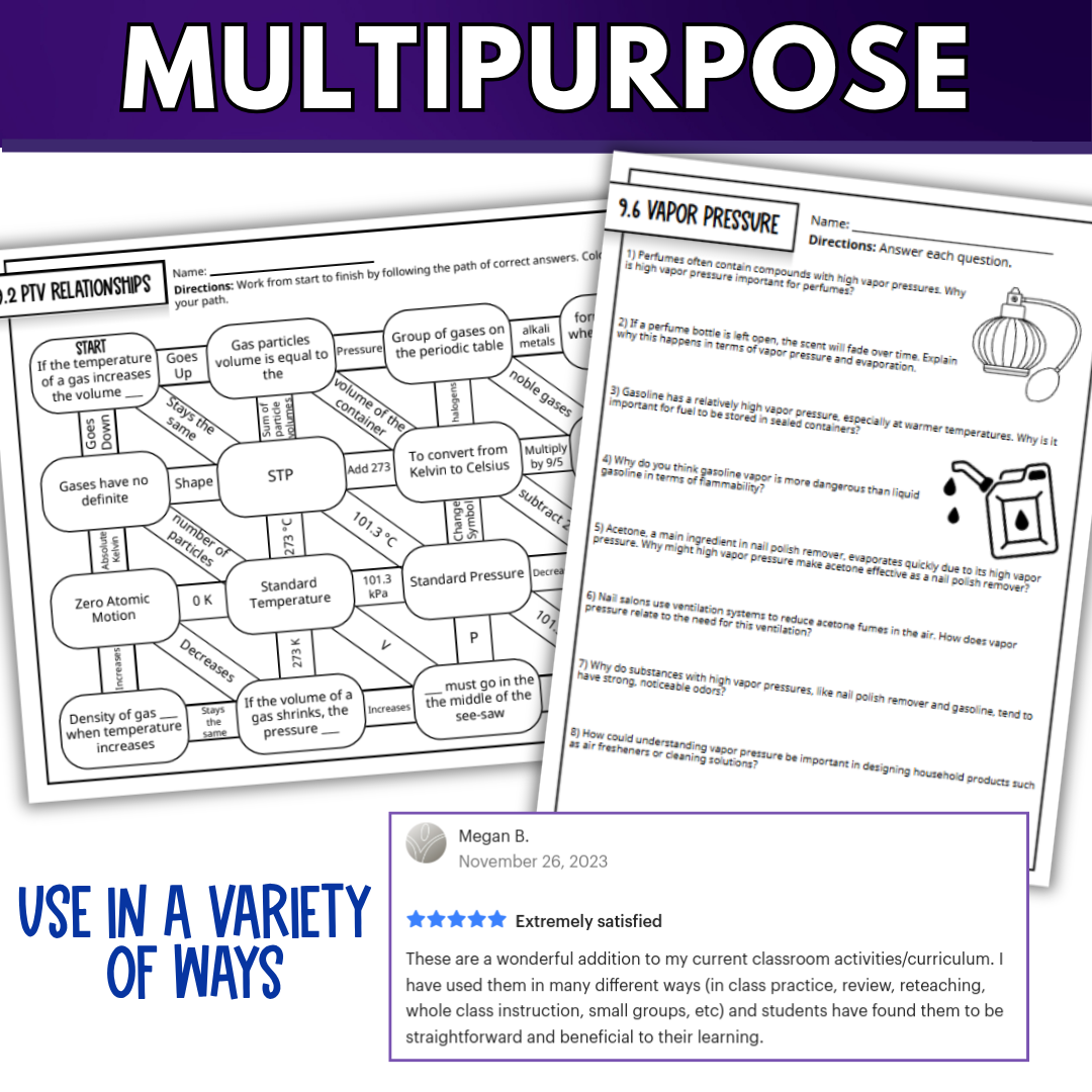 Chemistry of Gases Quick Practice Worksheets, Homework, Classwork