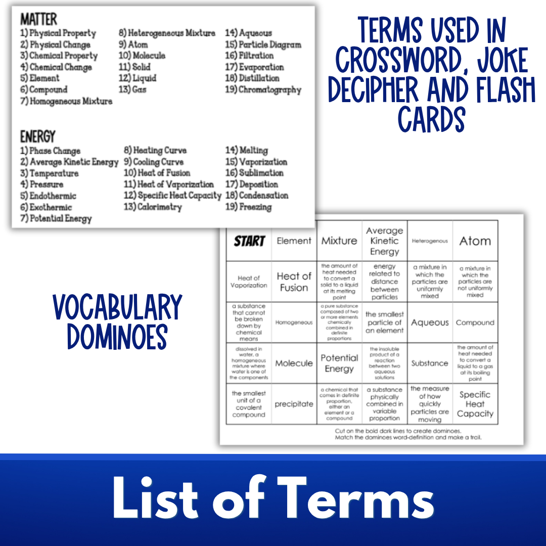 Matter and Energy Chemistry Vocabulary Activities Crossword, Puzzle, Quizzes