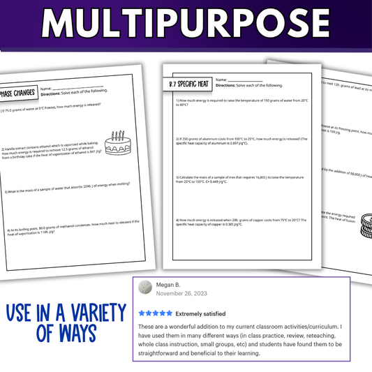 Matter and Energy, Thermodynamics Quick Practice Worksheets, Homework, Classwork