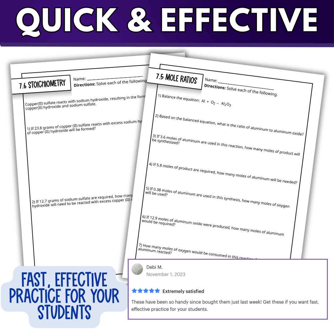 Mole & Stoichiometry Quick Practice Worksheets, Homework, Classwork