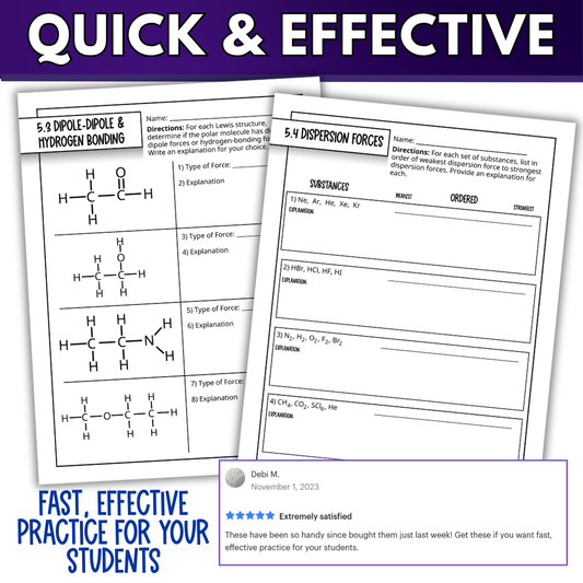 Intermolecular Forces Quick Practice Worksheets, Homework, Classwork, Review
