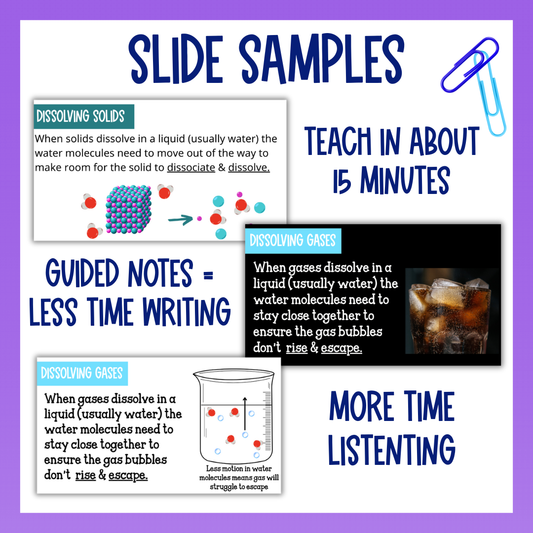 Chemistry of Solutions Guided Notes Unit with Worksheets, Tests and Vocabulary