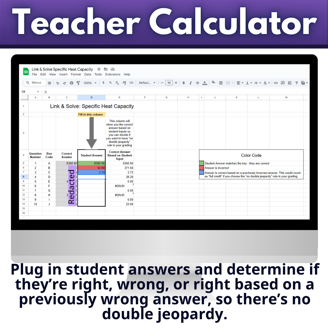 Self Checking Specific Heat Capacity Problem Solving Worksheet Link & Solve
