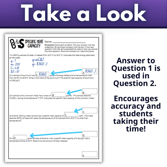 Self Checking Specific Heat Capacity Problem Solving Worksheet Link & Solve