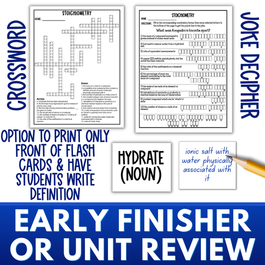 Stoichiometry Vocabulary Quiz and Puzzle Bundle - Crossword, Joke Game, Dominoes