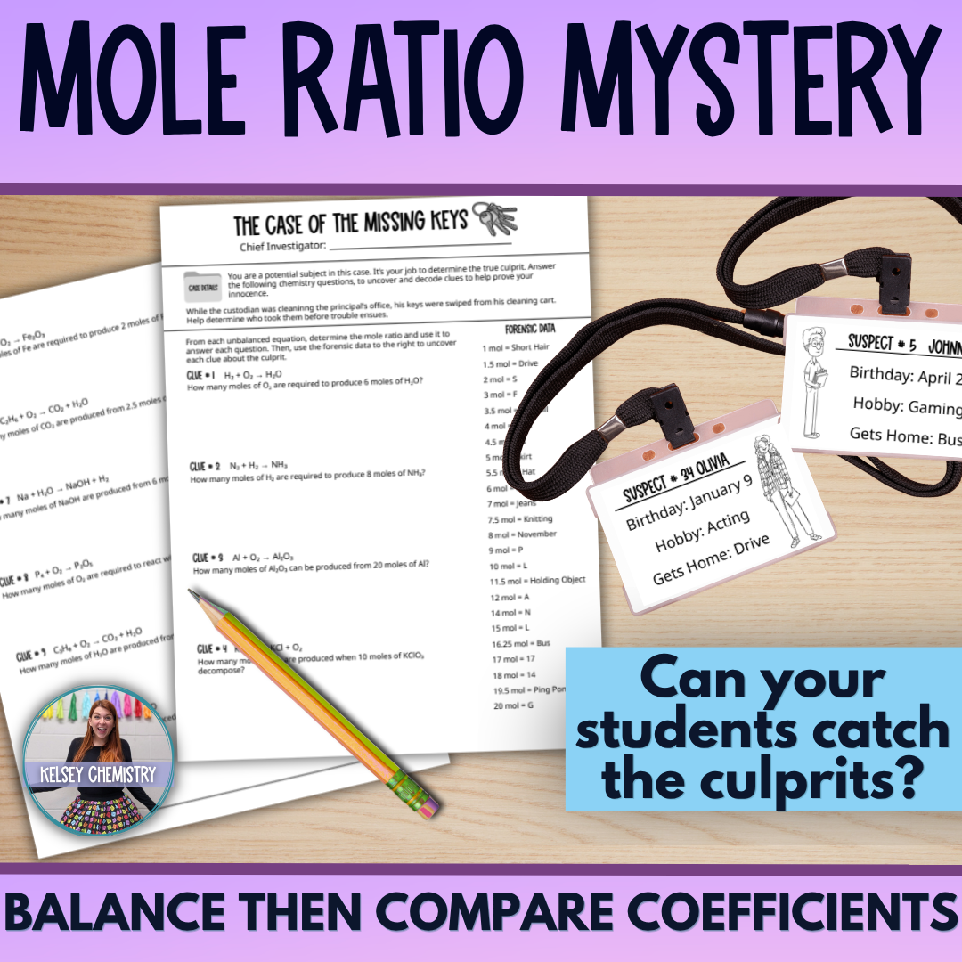 Mole Ratio Mystery Activity, Stoichiometry Chemistry Practice & Review Worksheet