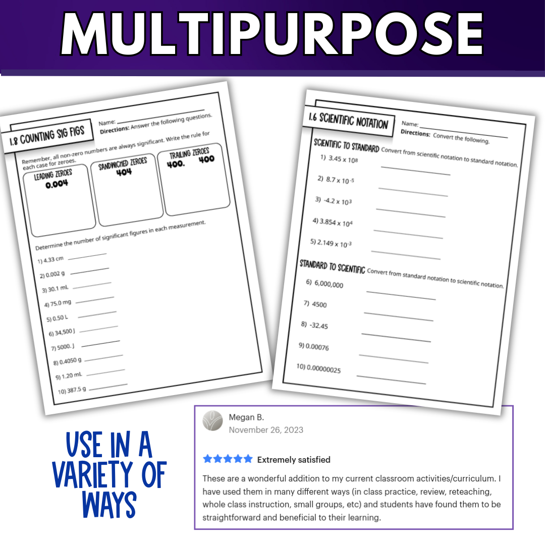Intro to Chemistry, Measurement & Tools Quick Practice Worksheets, Homework