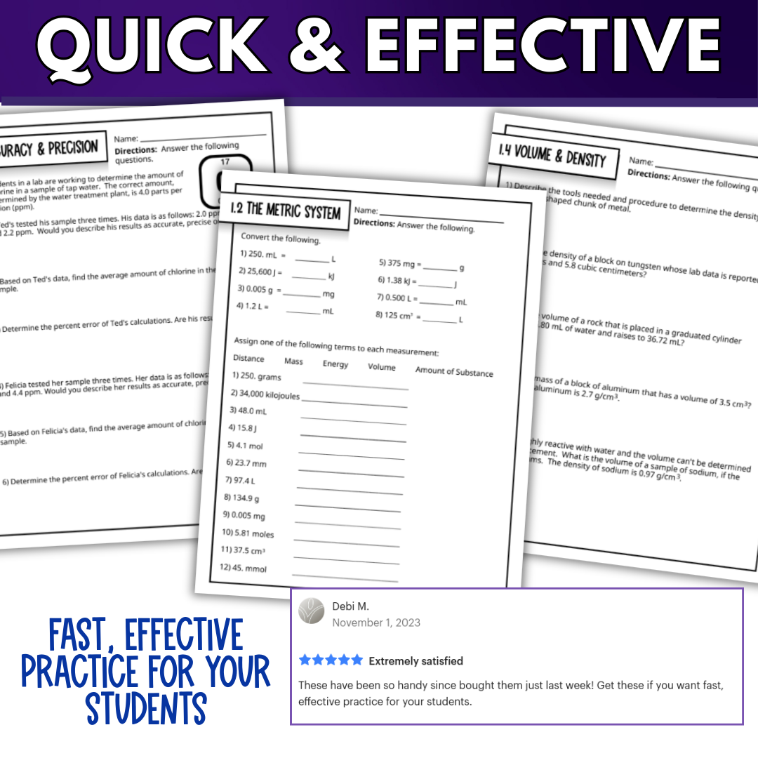 Intro to Chemistry, Measurement & Tools Quick Practice Worksheets, Homework