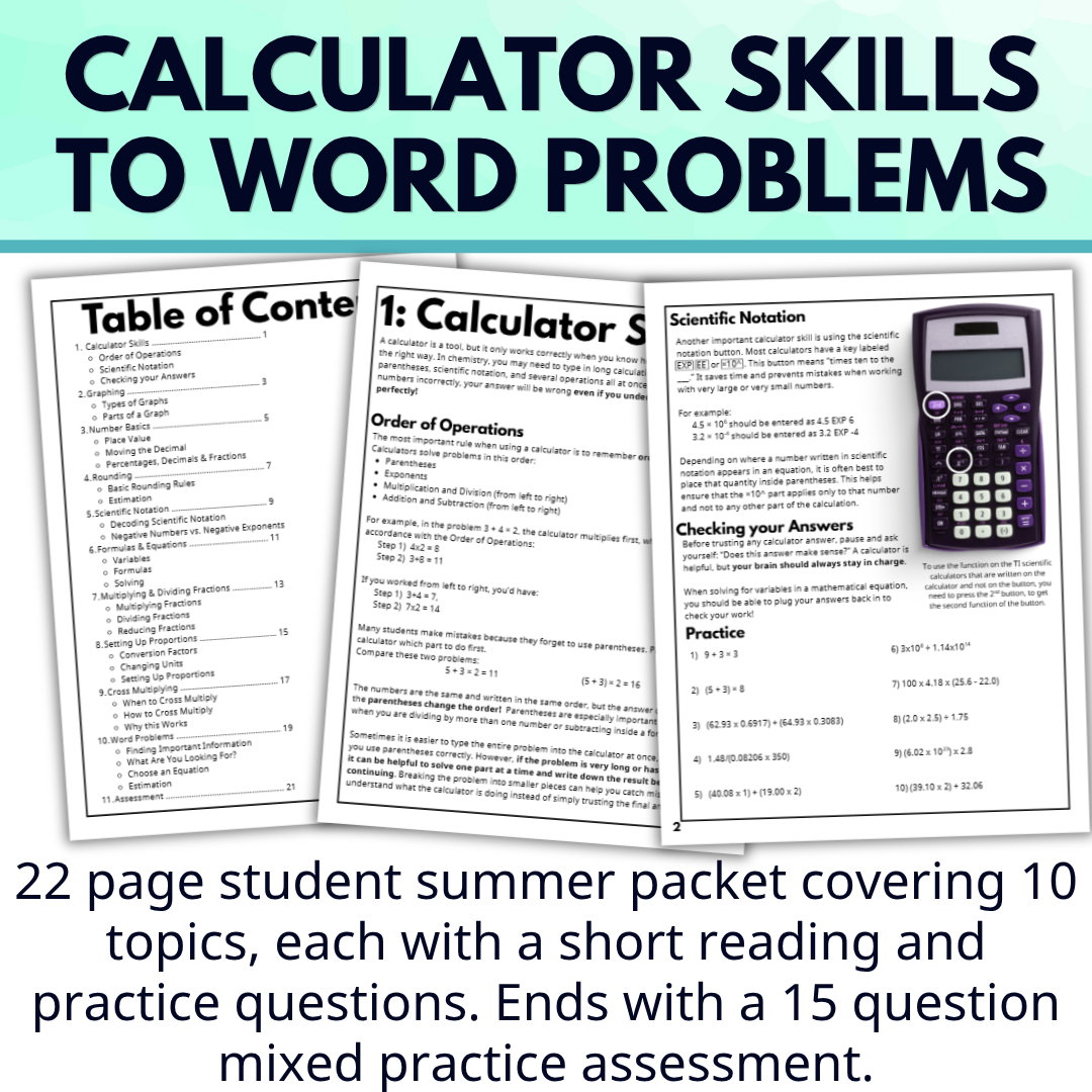 Chemistry Summer Assignment Math Review Packet, Mystery Activity, Back to School