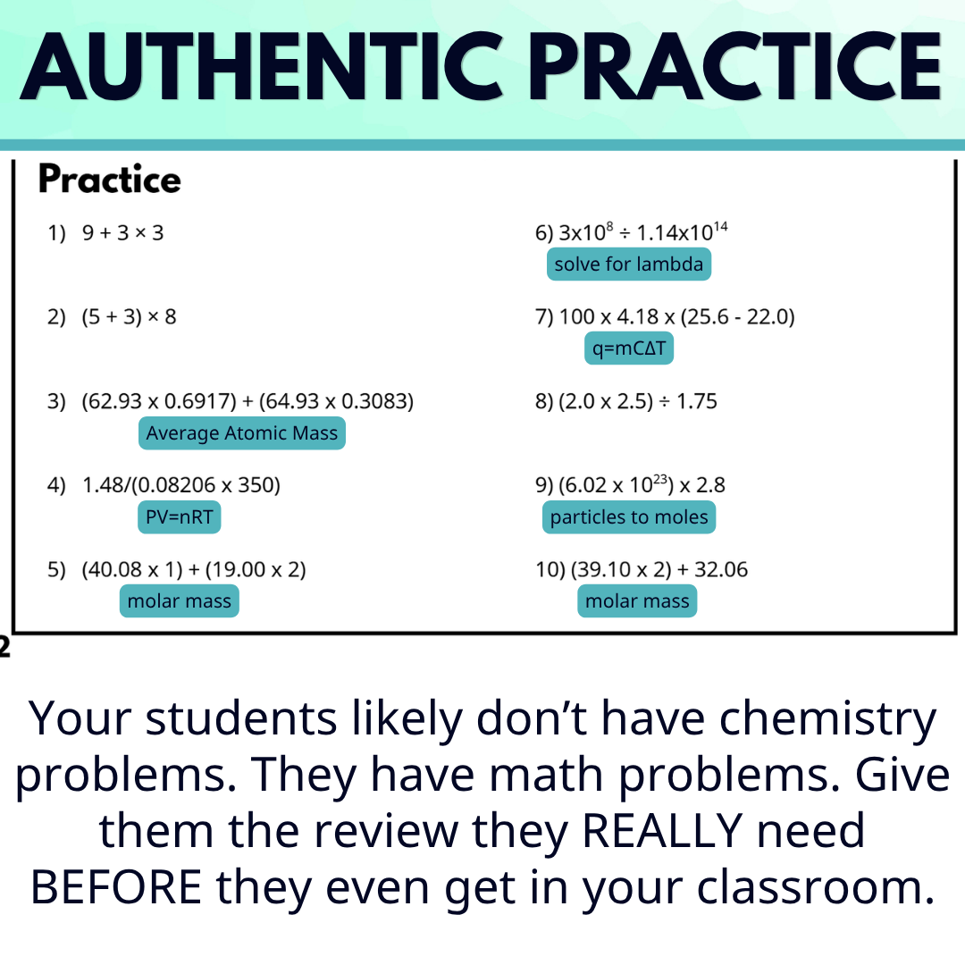 Chemistry Summer Assignment Math Review Packet, Mystery Activity, Back to School