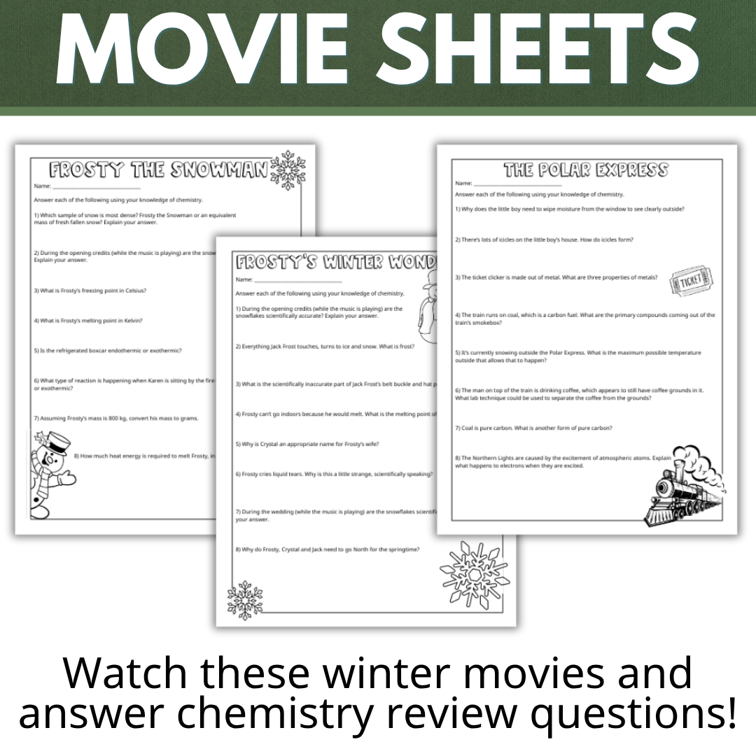 Christmas Movie Sheets for Chemistry Classes, Full Length and Short Movies