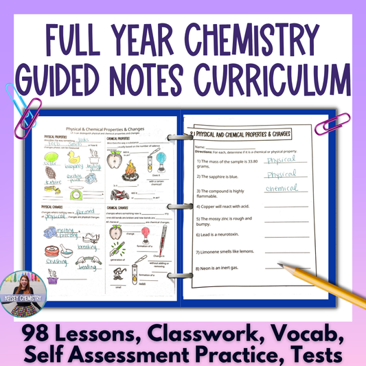Chemistry Curriculum Full Year Guided Notes, Slides, Tests & Practice Worksheets