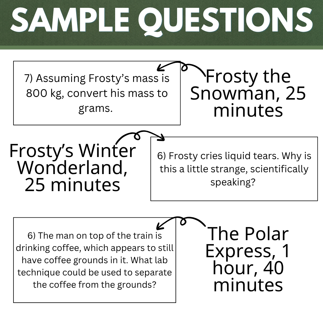 Christmas Movie Sheets for Chemistry Classes, Full Length and Short Movies