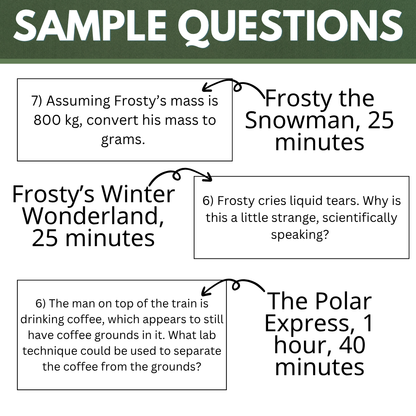 Christmas Movie Sheets for Chemistry Classes, Full Length and Short Movies