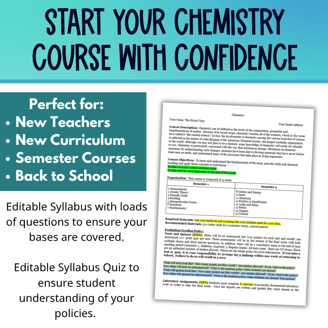 High School Chemistry Classroom Starter Kit, Back to School Activities for Chem