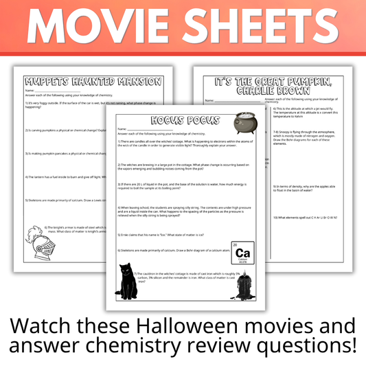 Halloween Movie Sheets for Chemistry Classes, Full Length and Short Movies