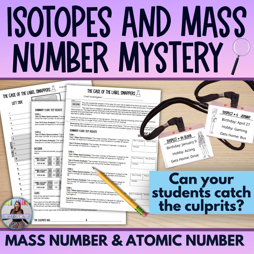 Isotopes, Mass Number, Atomic Number Whole Class Mystery Review Game Activity