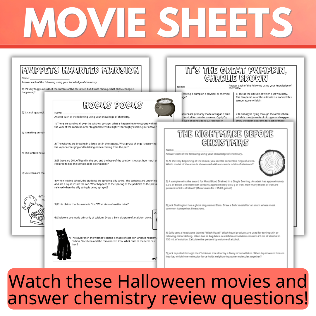 Halloween Movie Sheets for Chemistry Classes, Full Length and Short Movies