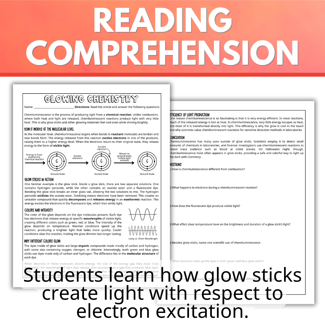 Chemistry Halloween, Science of Glow Sticks, Fall Activities Electron Excitation