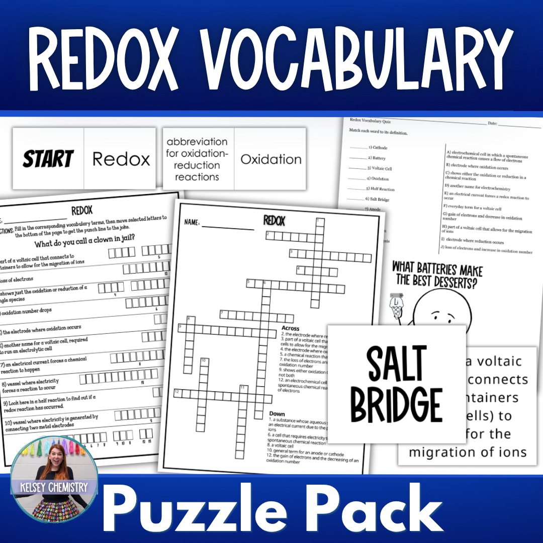 Redox Electrochemistry Vocabulary Review Games and Puzzles, Crossword, Jokes