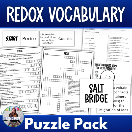 Redox Electrochemistry Vocabulary Review Games and Puzzles, Crossword, Jokes