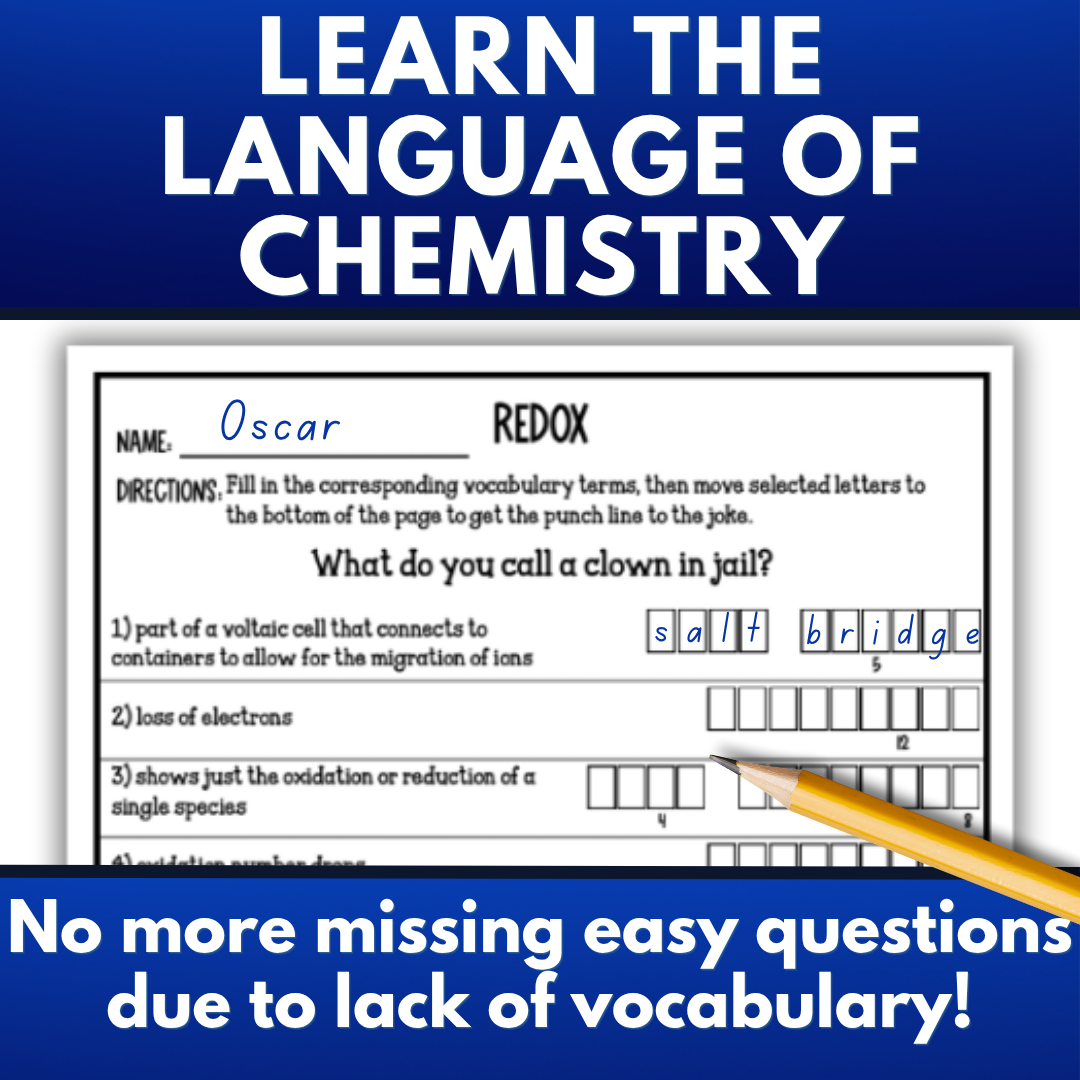 Redox Electrochemistry Vocabulary Review Games and Puzzles, Crossword, Jokes
