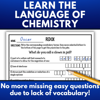 Redox Electrochemistry Vocabulary Review Games and Puzzles, Crossword, Jokes