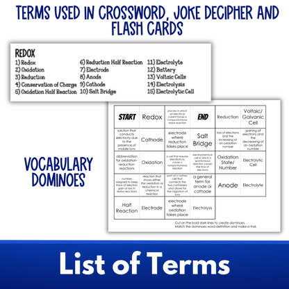 Redox Electrochemistry Vocabulary Review Games and Puzzles, Crossword, Jokes