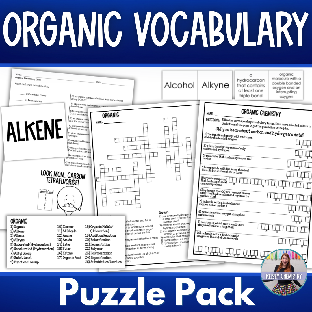 Organic Chemistry Vocabulary Activity Pack, Crossword, Flash Cards, Quiz
