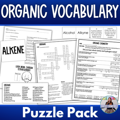 Organic Chemistry Vocabulary Activity Pack, Crossword, Flash Cards, Quiz