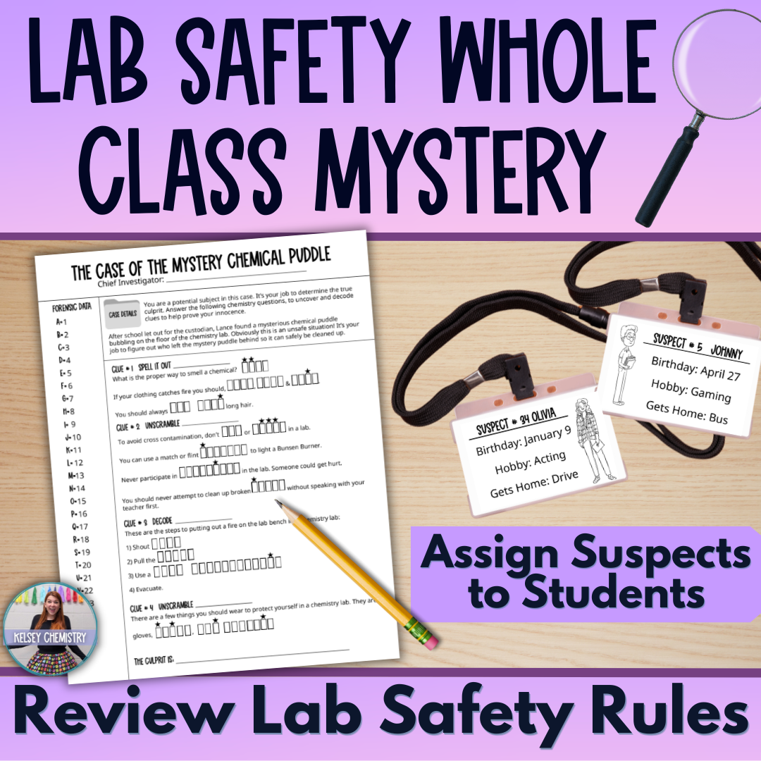 Chemistry Lab Safety Mystery Worksheet Activity for Whole Class Review