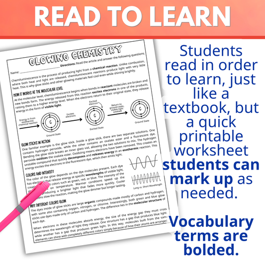 The Chemistry of Glow Sticks Reading Comprehension Activity Exciting Atoms