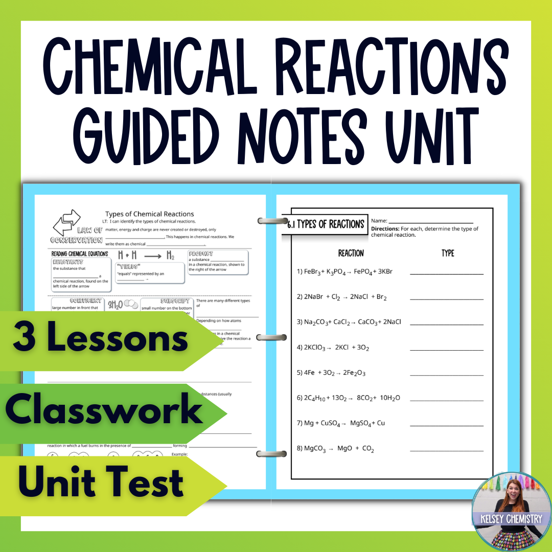 Chemical Reactions and Equations Guided Notes Unit Bundle with Worksheets & Test