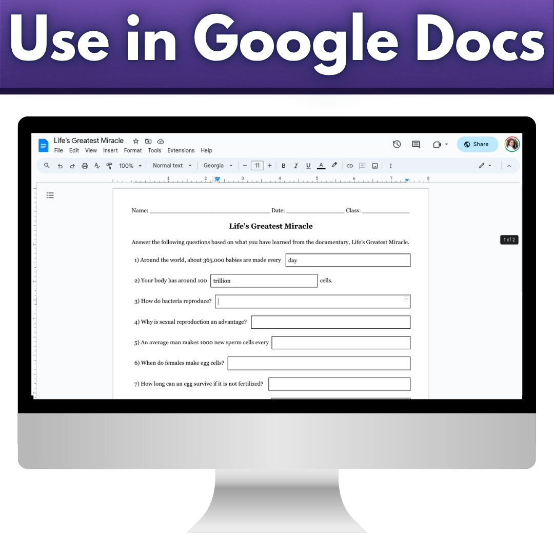 PBS NOVA Life's Greatest Miracle Question Worksheet, Editable, Digital and Print