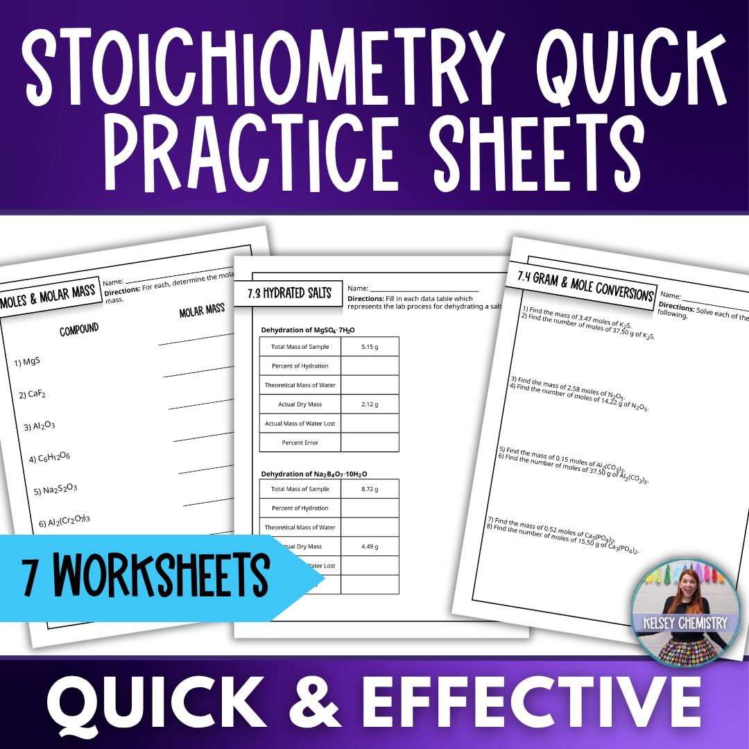 Mole & Stoichiometry Quick Practice Worksheets, Homework, Classwork