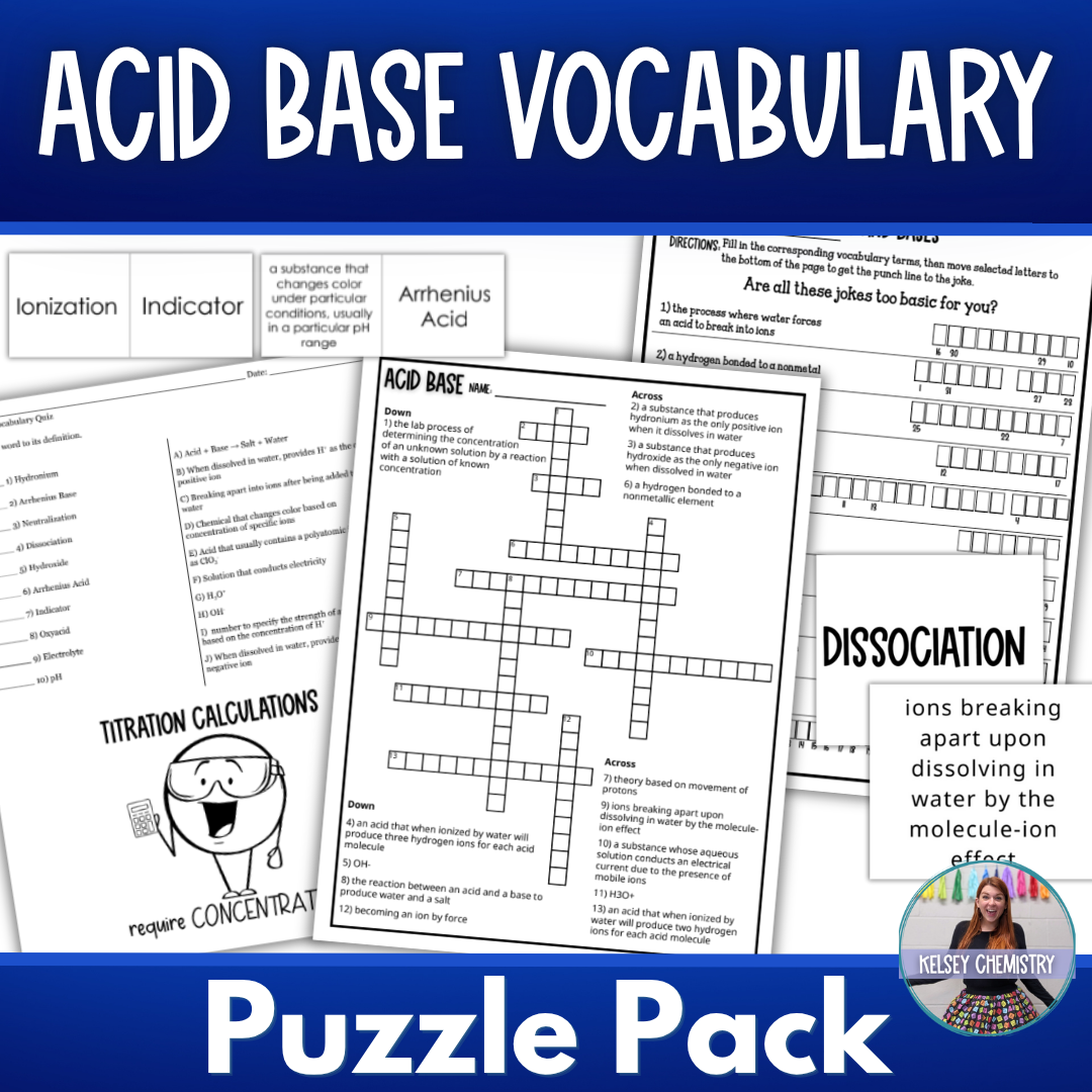 Acids and Bases Vocabulary Review Puzzles, Crossword, Flash Cards, Quiz & More