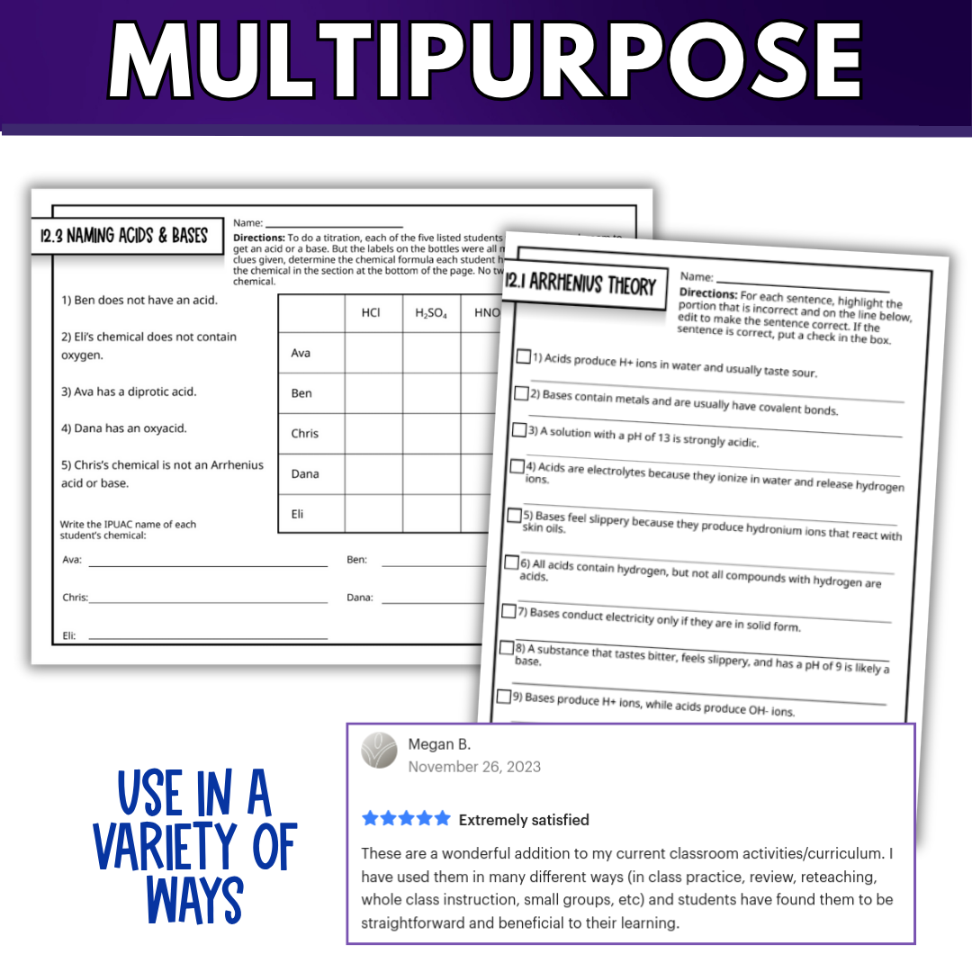 Acids and Bases Quick Practice Worksheets, Homework, Classwork