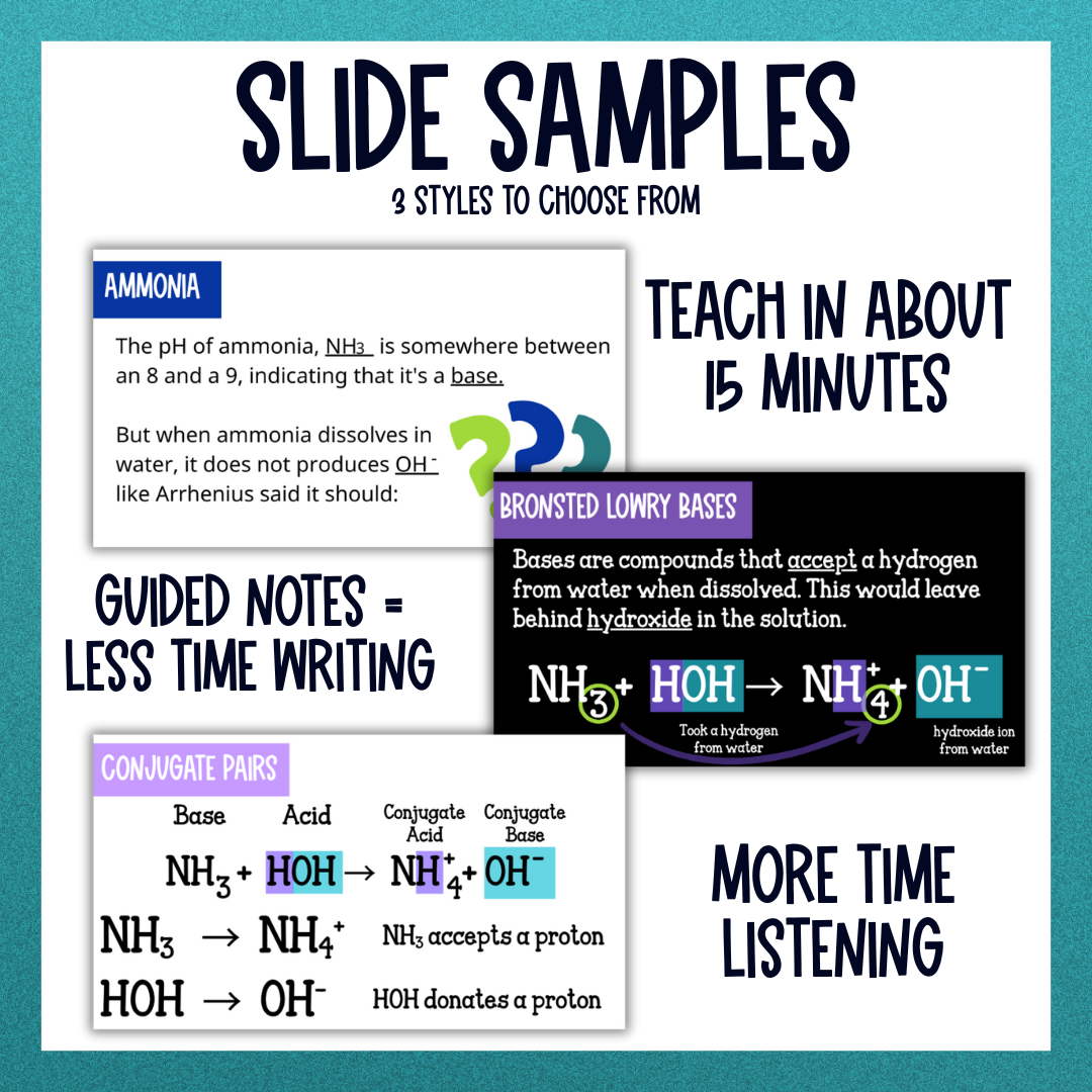 Acid Base Guided Notes Unit with Test, Vocabulary and Practice Worksheets