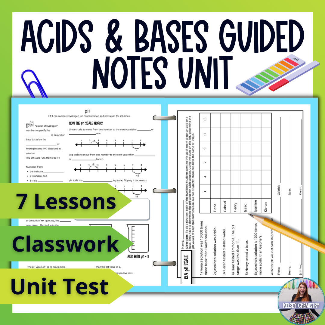 Acid Base Guided Notes Unit with Test, Vocabulary and Practice Worksheets