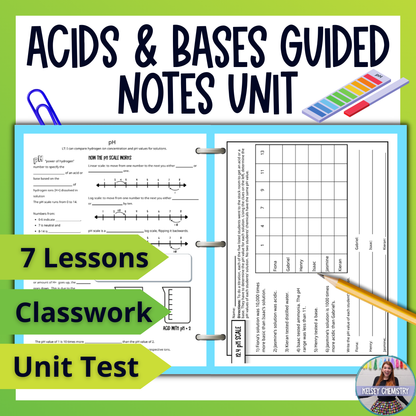 Acid Base Guided Notes Unit with Test, Vocabulary and Practice Worksheets