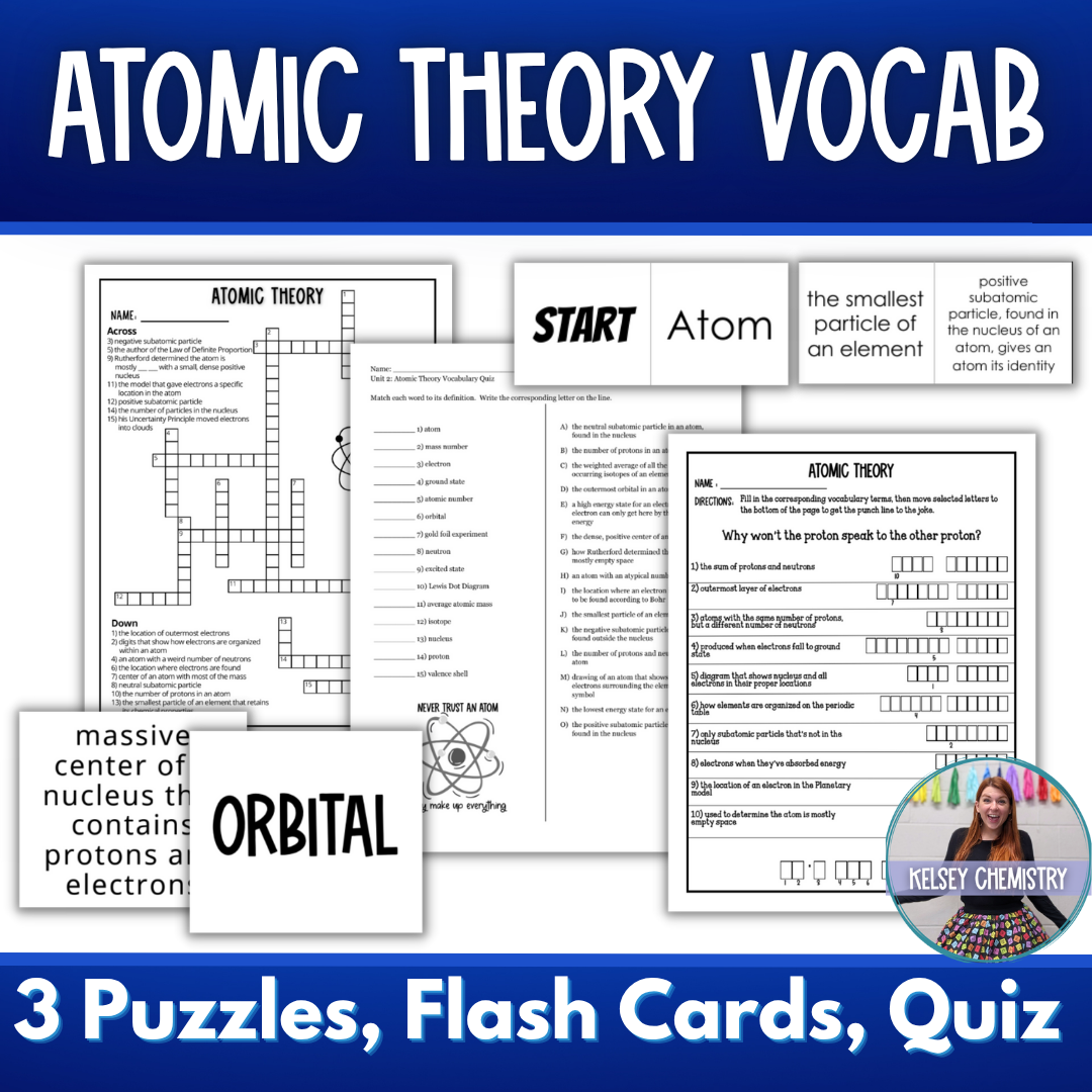 Atomic Theory & Structure Vocabulary Activity Pack, Crossword, Flash Cards, Quiz