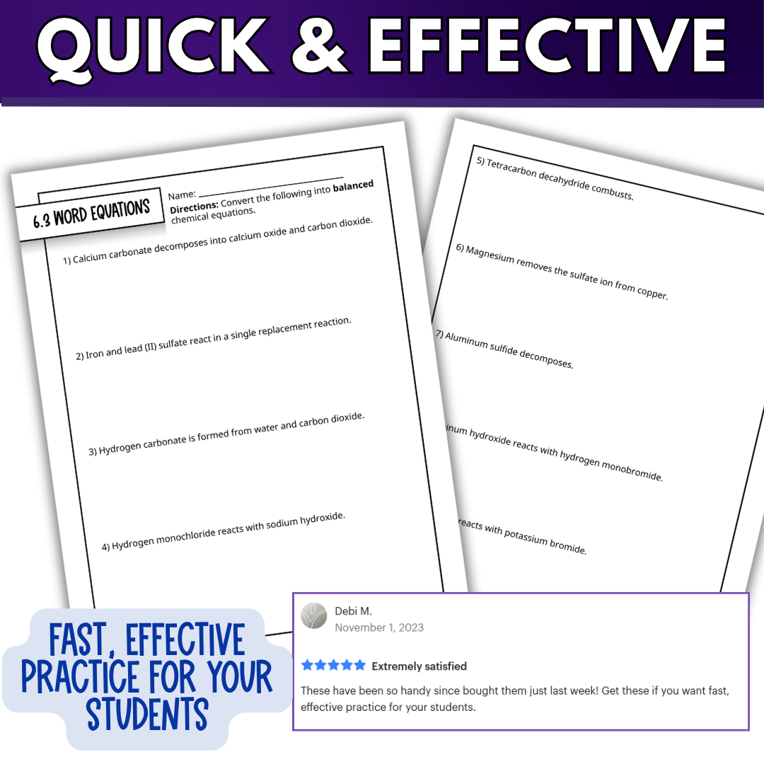 Balancing and Types of Chemical Reactions Quick Practice Worksheets, Homework
