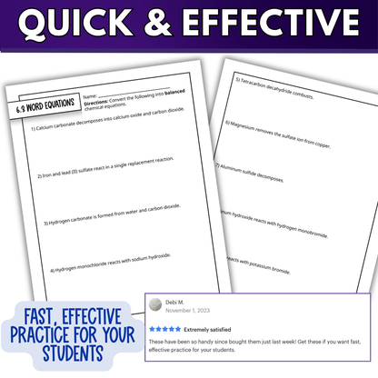 Balancing and Types of Chemical Reactions Quick Practice Worksheets, Homework