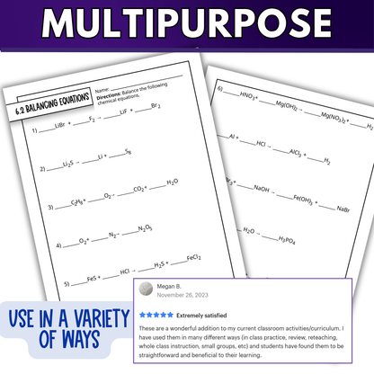 Balancing and Types of Chemical Reactions Quick Practice Worksheets, Homework