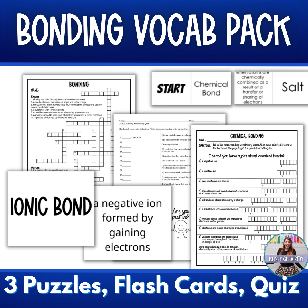 Chemical Bonding Vocabulary Review Activity Pack, Crossword, Flash Cards, Quiz