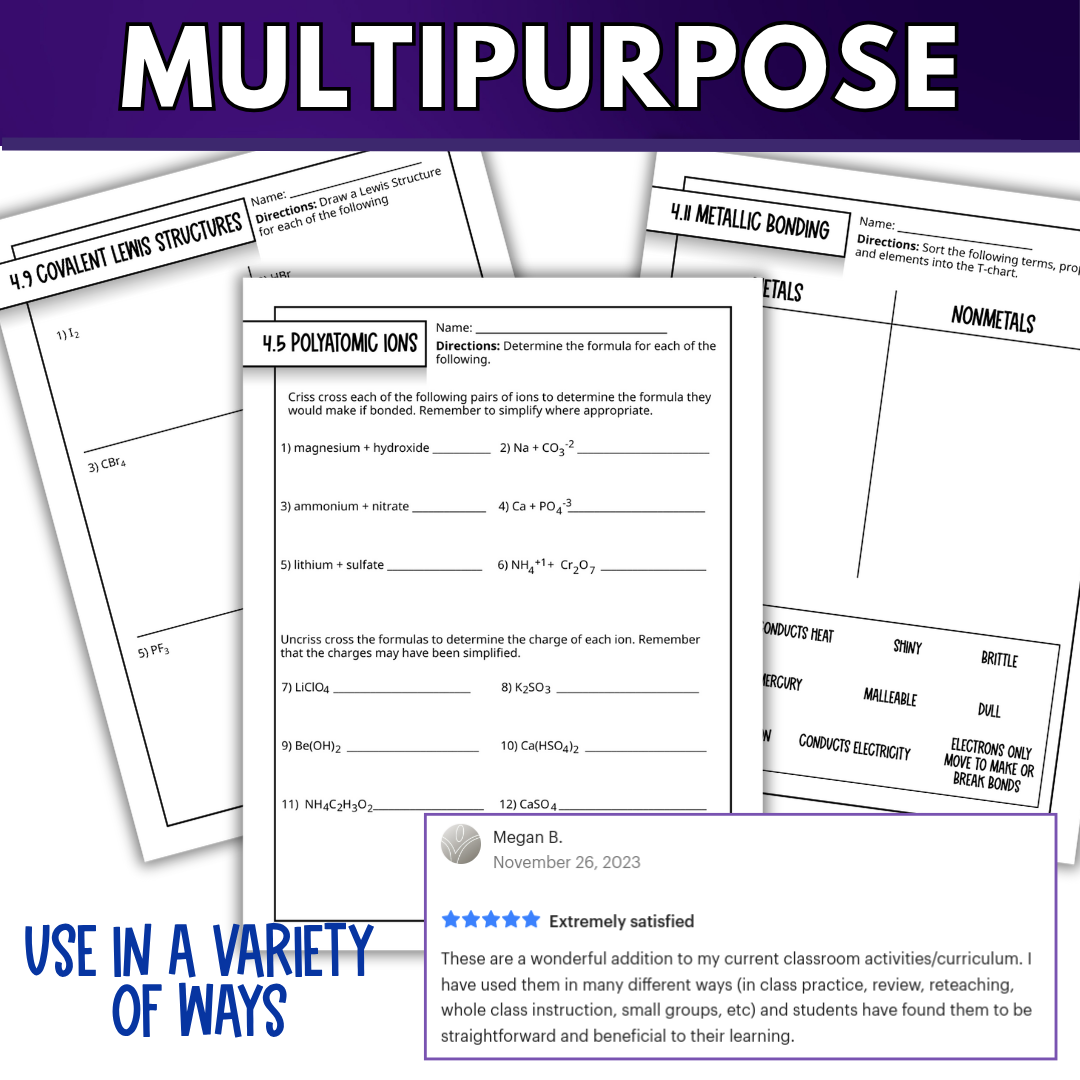 Chemical Bonding and Nomenclature Quick Practice Worksheets, Homework, Classwork