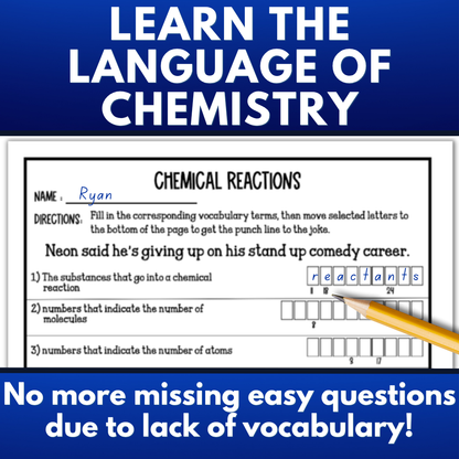 Chemical Reactions Vocabulary Activity Bundle: Crossword, Joke Puzzle and more
